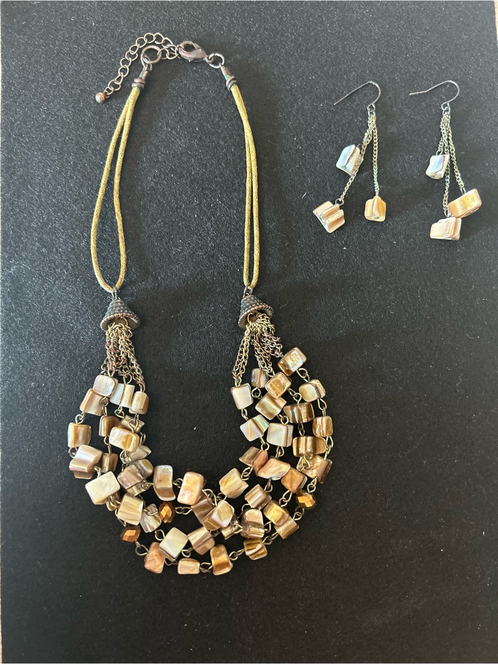 Multi-Strand Choker Bronze Pearl Square Bead Necklace & Earrings
